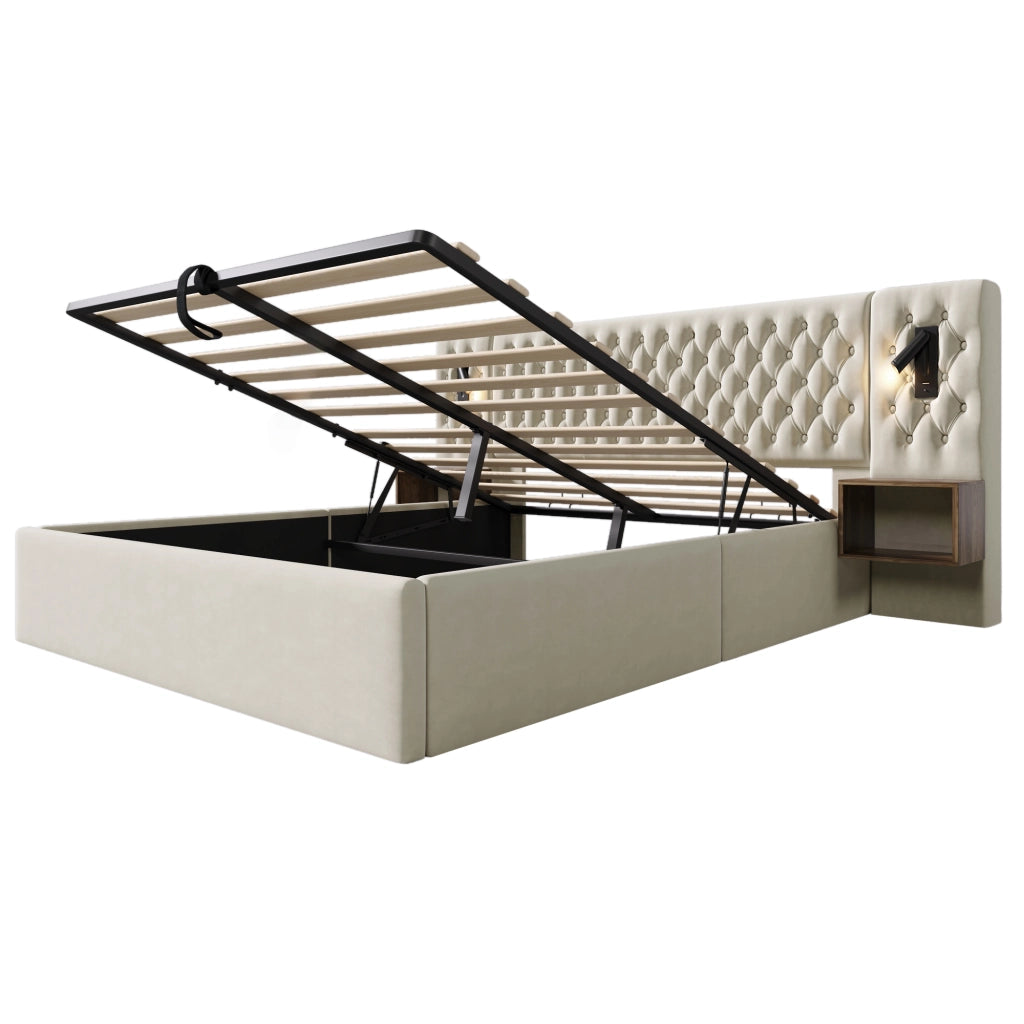 Letti contenitori 180x200 cm; contenitore idraulico con luci lettura; velluto beige (Senza materasso)