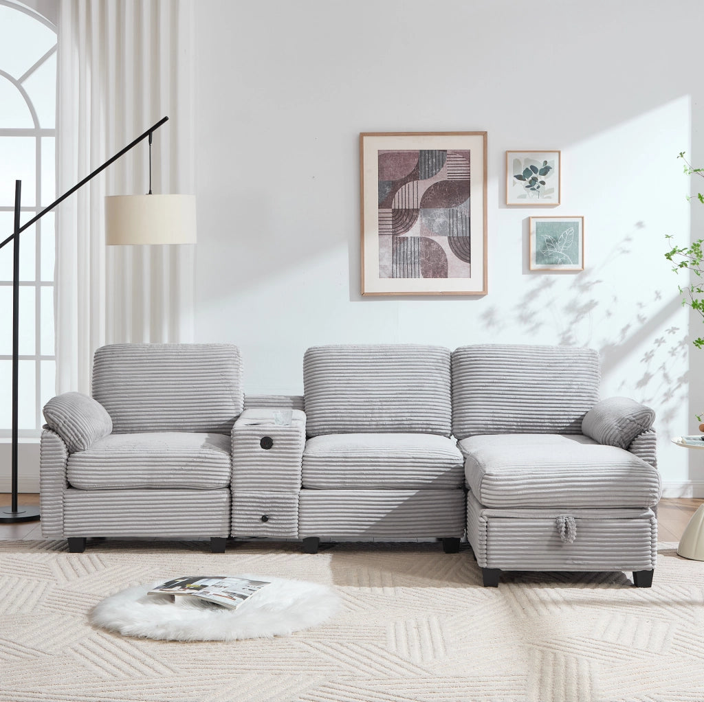 Divano modulare in corduroy grigio chiaro con memory foam; USB-C e pouf contenitore 266 cm