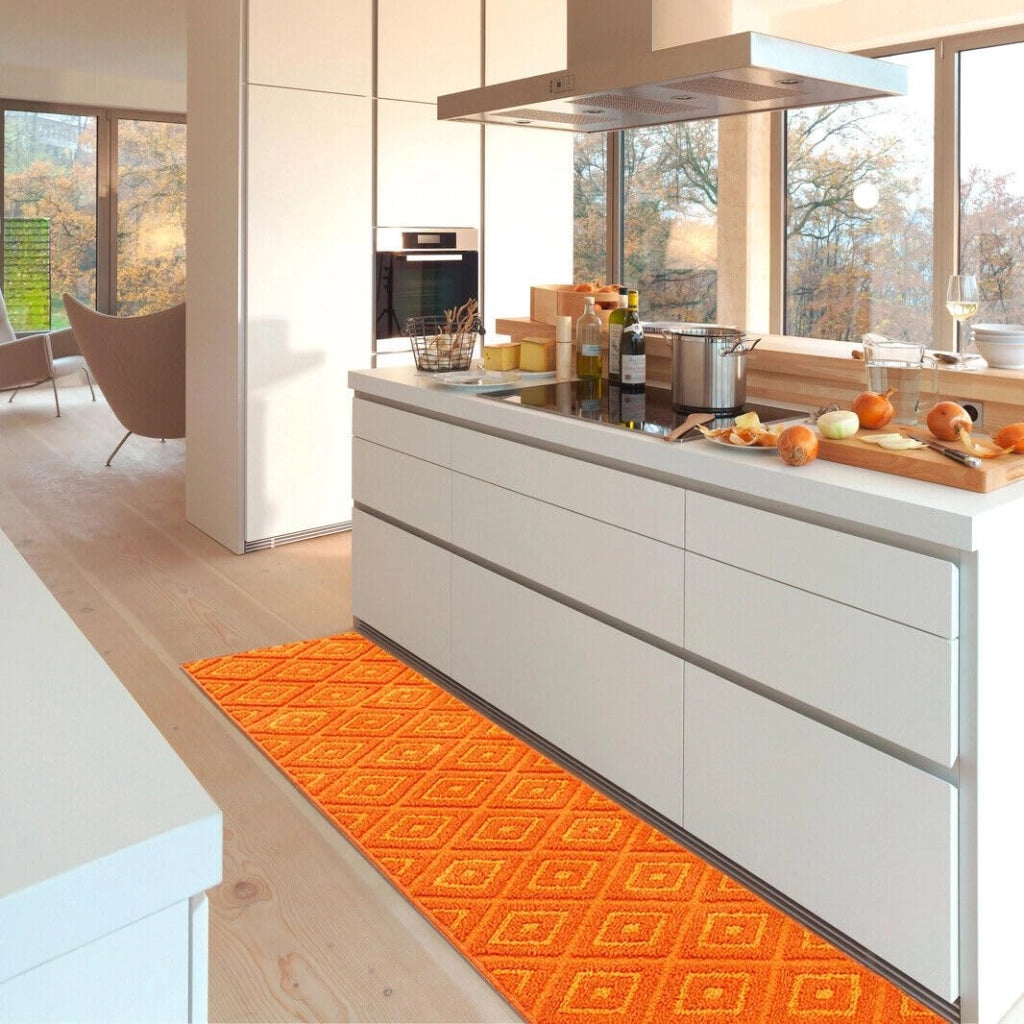 Tappeto Casa Cucina Rombi 3D 50X240 Cm Bordato Moderno Assorbente Antiscivolo Arancione