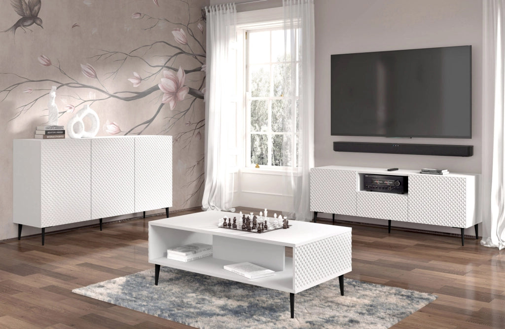 TAVOLINO DA CAFFÈ RAVENNA PC DIAMOND MDF HG 90x60 BIANCO OPACO BIANCO LUCIDO GAMBE IN METALLO NERO