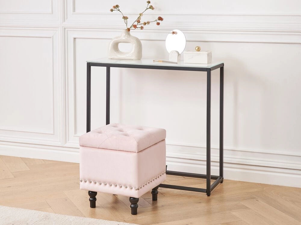Pouf contenitore in velluto rosa pastello poggiapiedi classico con rivestimento a testa di chiodo trapuntato