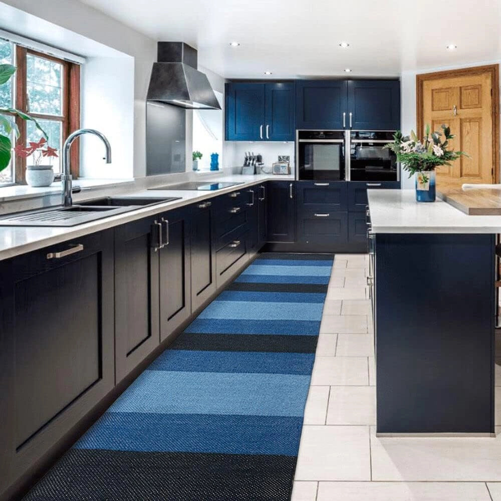 Tappeto Cucina Bagno Puro Cotone Assorbente Intrecciato a Mano Blu 55x240 cm