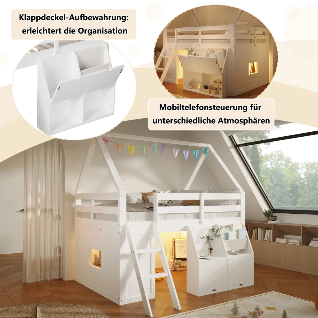 DESMIU Letto a soppalco per bambini 140 × 200 cm con scala, LED, box apribili e tasche, senza materasso, legno bianco