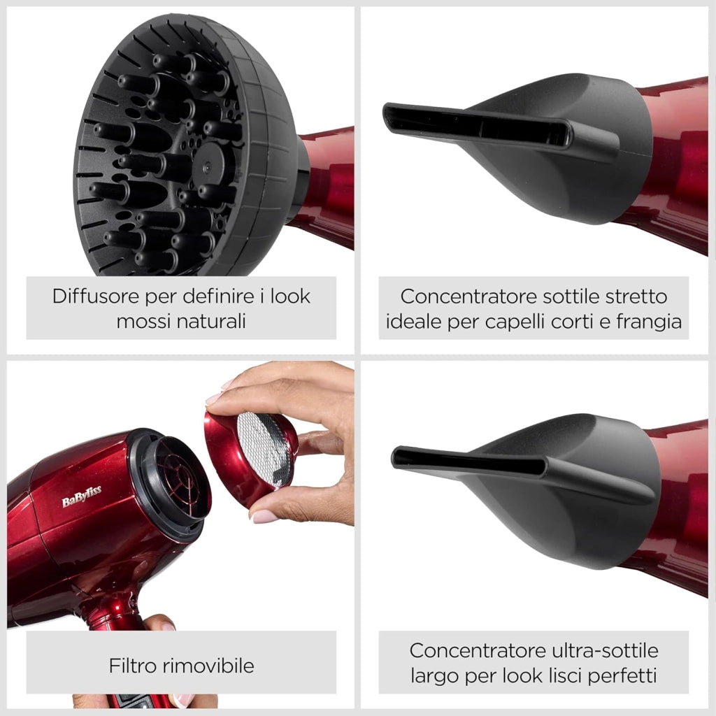 Asciugacapelli Made In Italy con Motore Digitale 2200W, Phon Capelli, asciugatura ultra-rapida, funzione ionica, 3 temperature, 4 velocità, tasto turbo, diffusore, concentratori, rosso