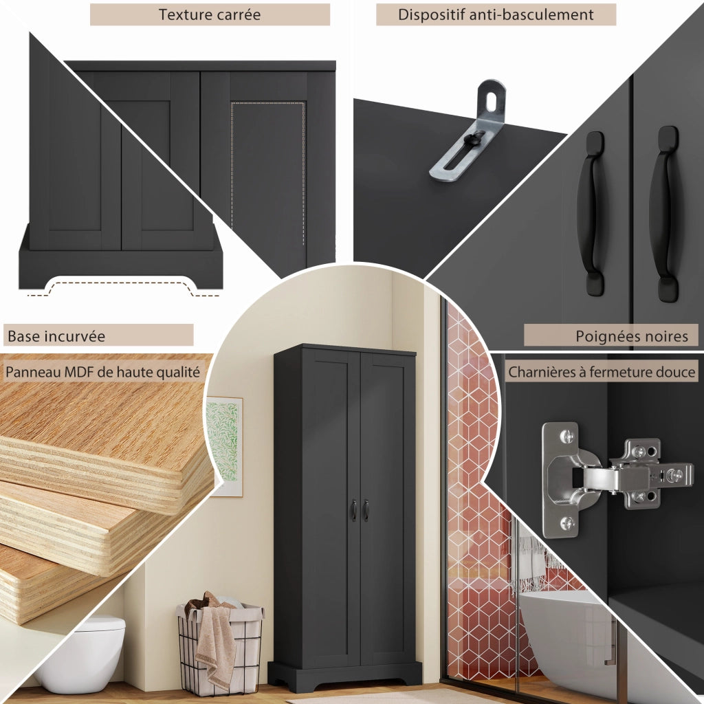 Armadietto da bagno con 2 ante, 4 ripiani regolabili e chiusura soft-close, per bagno, nero, 56 × 40 × 170 cm