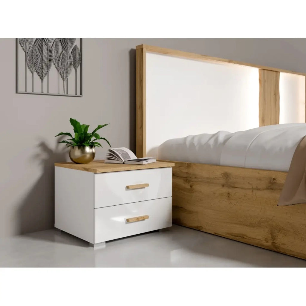 Pack letto WOOD 180 x 200 cm con LED e 2 comodini – Bianco e rovere – Set camera da letto design