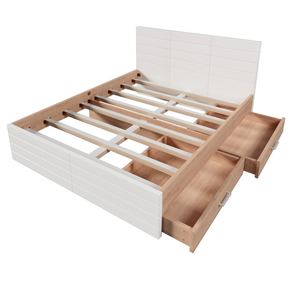 Letto matrimoniale 160x200 cm con 2 cassetti e rete a doghe; legno e MDF bianco e rovere chiaro