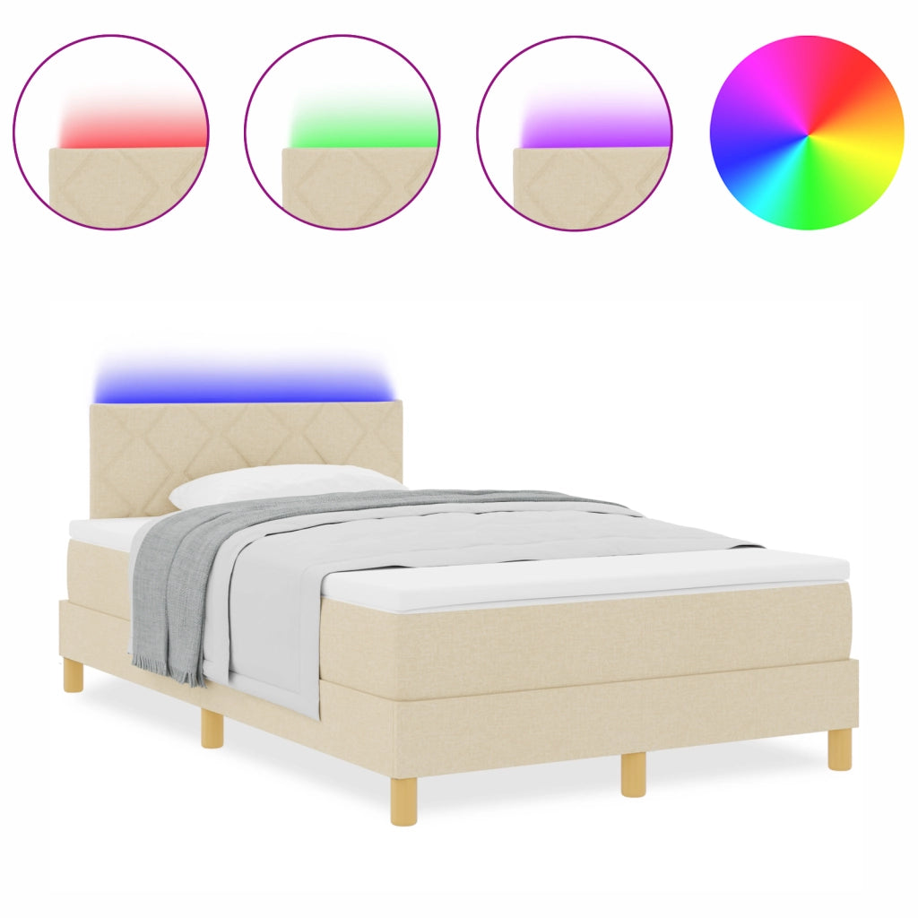 Letto con Box Spring Panna con Materasso e Luci LED 120x200 cm Tessuto