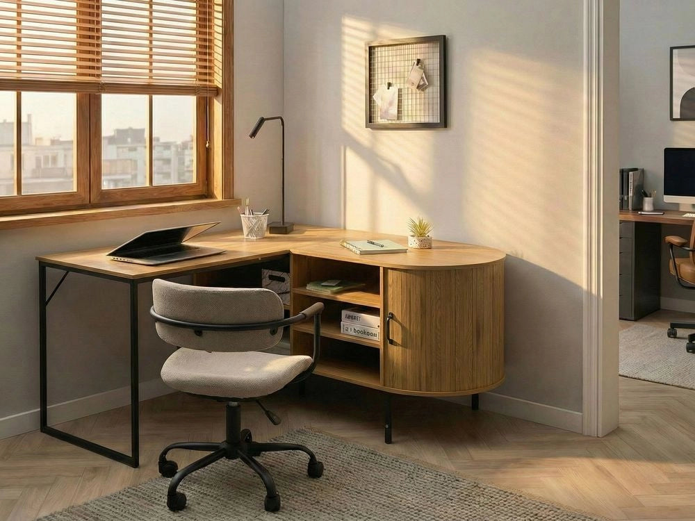 Scrivania da ufficio  marrone chiaro con MDF nero 140 x 140 cm Struttura in ferro con 3 ripiani Porta scorrevole