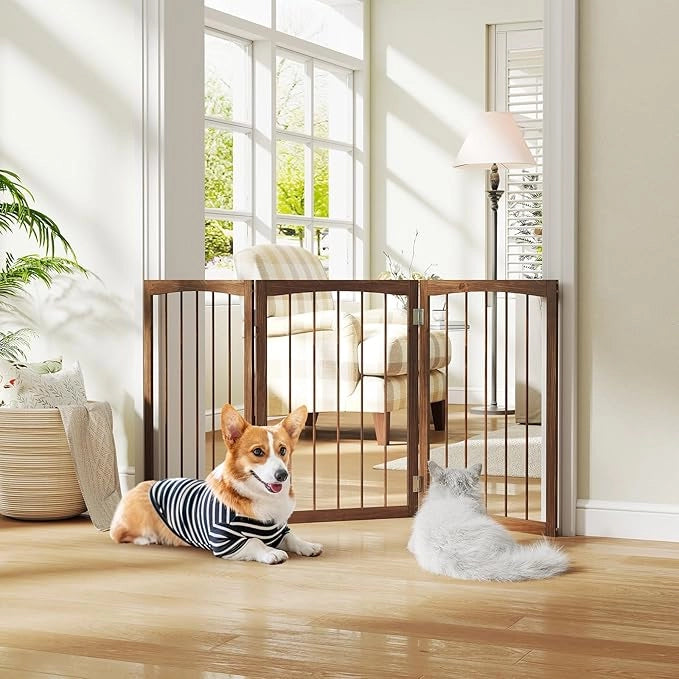 Cancelletto in Legno per Cani 159 x 76 cm, Recinto per Bambini, Cancello Pieghevole a 3 Pannelli per Porte, Scale e Corridoi (Naturale)