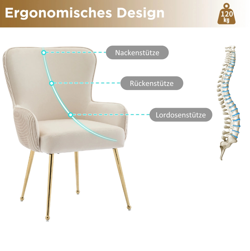 Set 2 sedie in velluto beige e oro con braccioli e supporto lombare