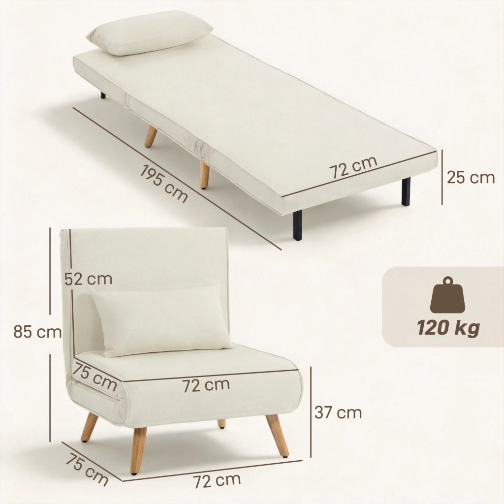 Poltrona letto singolo imbottita 3 in 1 ¨C zephmum ¨C tessuto crema con cuscino