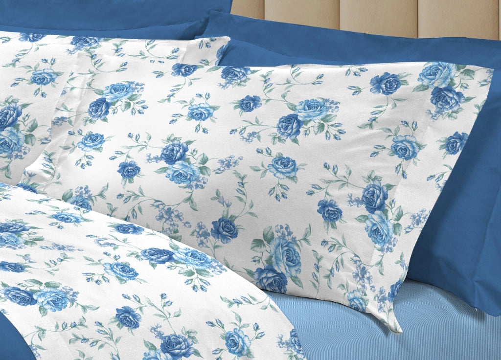 Completo Lenzuola Letto 100% Cotone Made Italy 3027 Disegno Sanderson - Matrimoniale - Azzurro