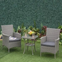 Set Giardino Esterno 3 Pezzi in Rattan PE e Acciaio, Set 2 Sedie con Cuscini Lavabili, Braccioli, Tavolino da Caffè con Piano in Vetro, Salotto da Giardino Balcone Patio Cortile, Grigio