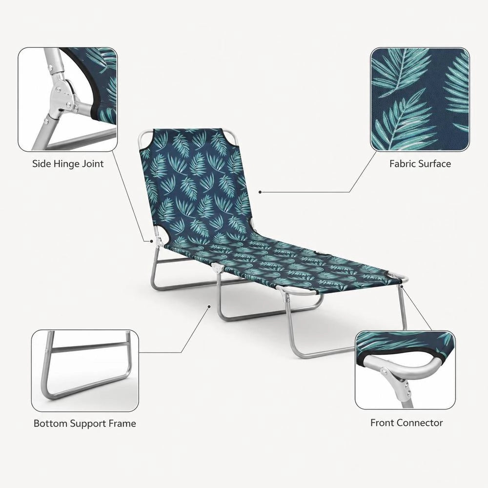 Folding Lounger, Steel And Fabric Leaf Pattern