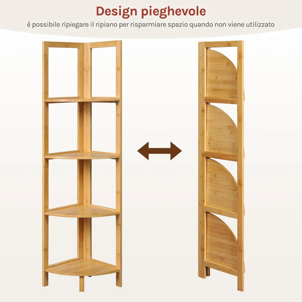 Mobiletto Bagno in Bambù a 4 Livelli, Scaffale Angolare Pieghevole, per Bagno, Cucina, Soggiorno, Bambù Naturale, 27x27x120 cm