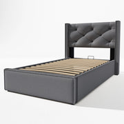 Letto contenitore singolo 90×200 cm con rete sollevabile e testiera imbottita; materasso incluso; cotone; grigio