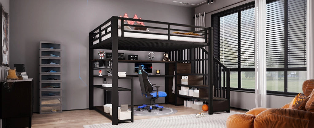 DESMIU Letto a soppalco 140 × 200 cm 1 posto con scrivania, armadio, LED, spazio contenitore, senza materasso, nero
