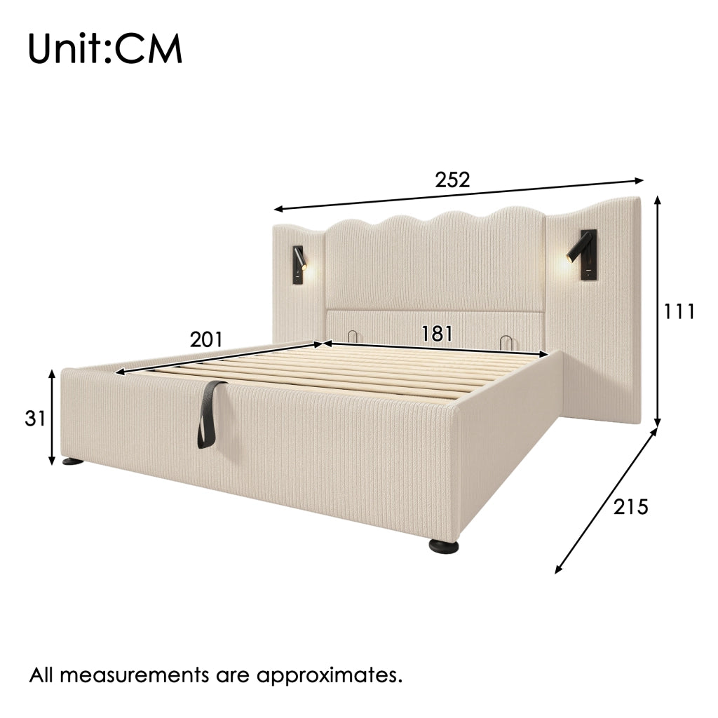LETTO Contenitore 180x200 cm in tessuto a coste Beige-Bianco con lampada USB Type-C