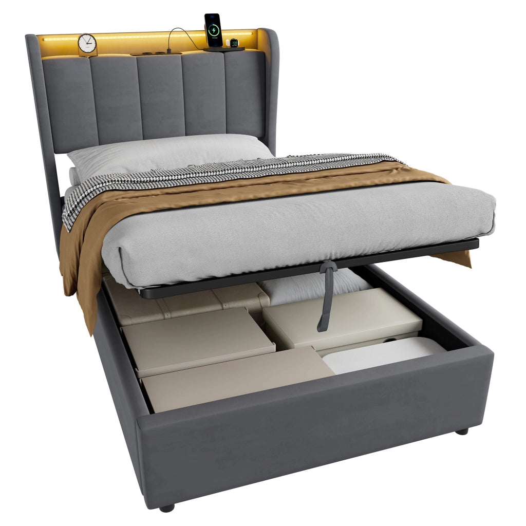 Letto singolo contenitore imbottito grigio scuro 90x200 cm con LED e dock di ricarica