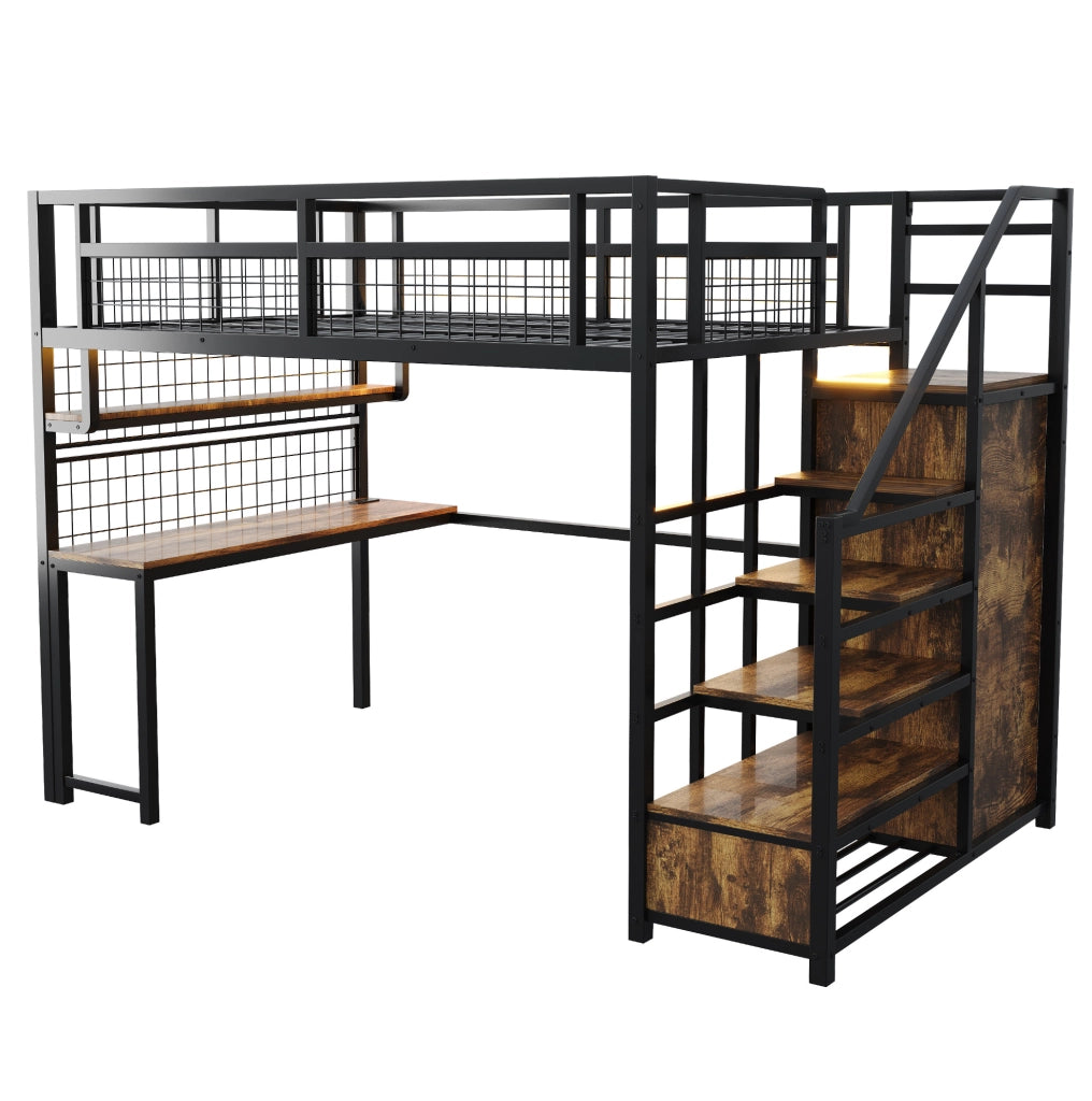 Letto a soppalco 140x200 cm con scrivania, scala contenitore e armadio in MDF e metallo nero