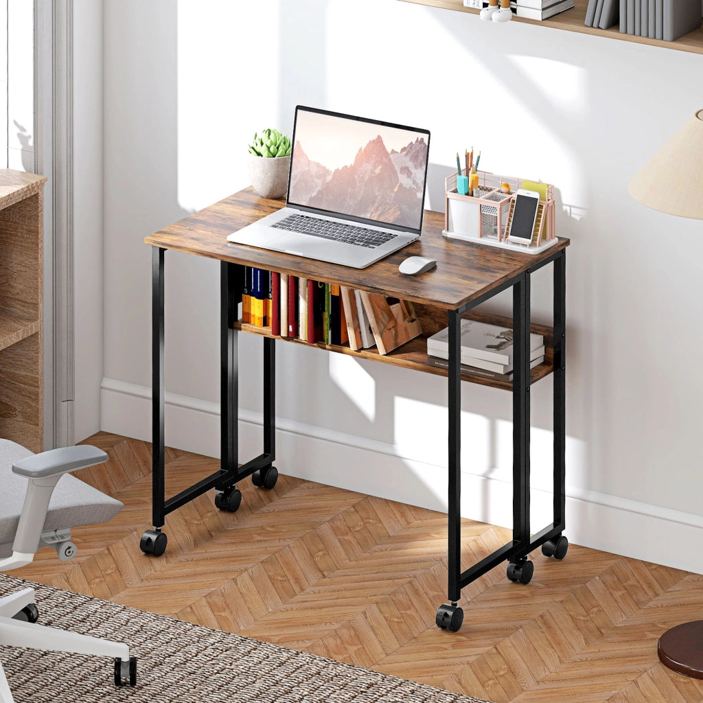 Scrivania Pieghevole con Cassetto e Ruote ¨C Zephmum ¨C 80x50x74 cm Marrone Rovere