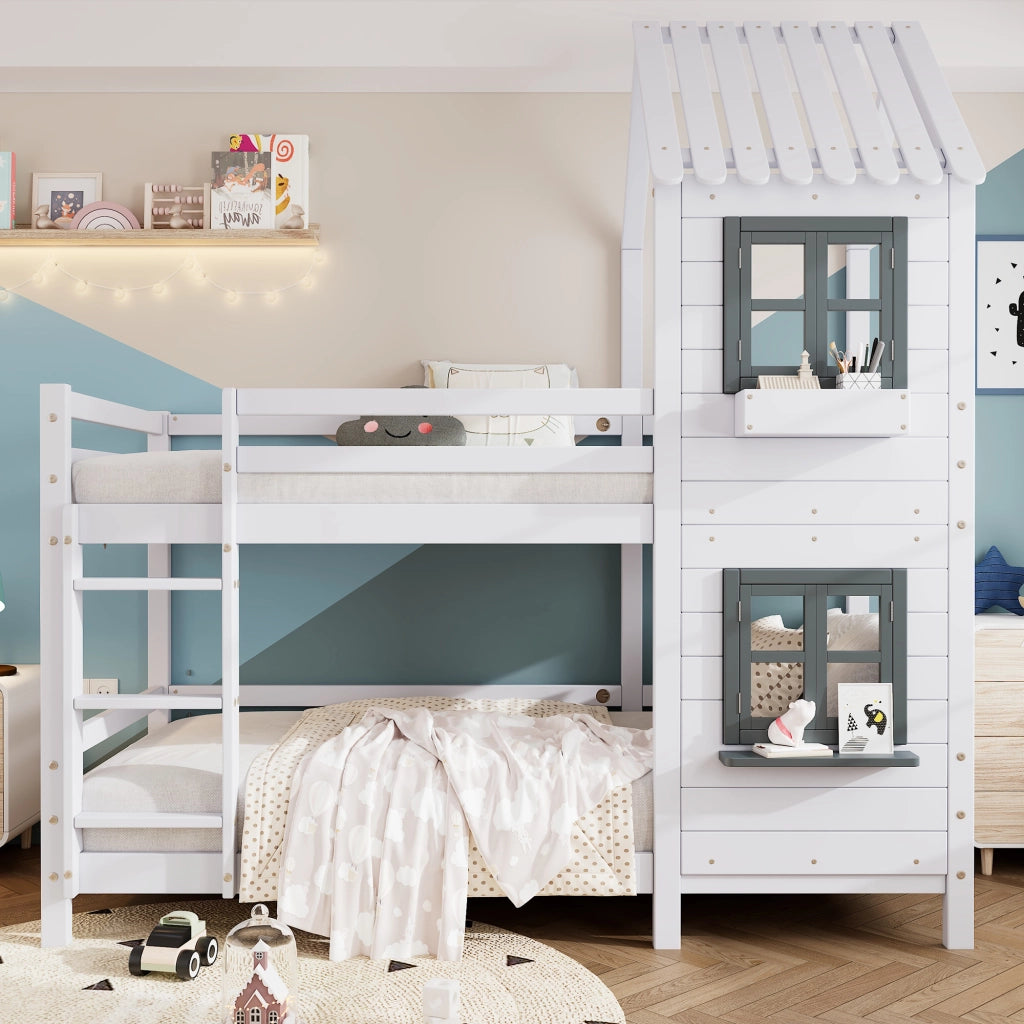 Letto a Castello 90x200 cm; 2 Posti - con Finestre; Sponda e Scalette - Bianco e Grigio
