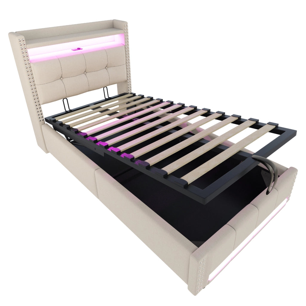 Letto singolo imbottito per bambini 90x200 cm con LED; USB e contenitore idraulico; beige
