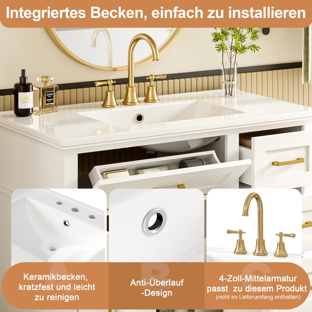 Mobile sottolavabo con lavandino in ceramica, 2 ante e 5 cassetti, per bagno, in MDF e ceramica, bianco, 90 × 46 × 87 cm