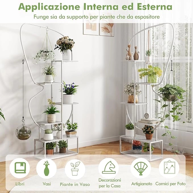 Scaffale Porta Piante a 6 Livelli, Scaffale per Vasi a Forma di Farfalla con 12 Ripiani in Rete Metallica e 4 Ganci, Mensola a Scala per Piante da Interno e Esterno (Bianco)