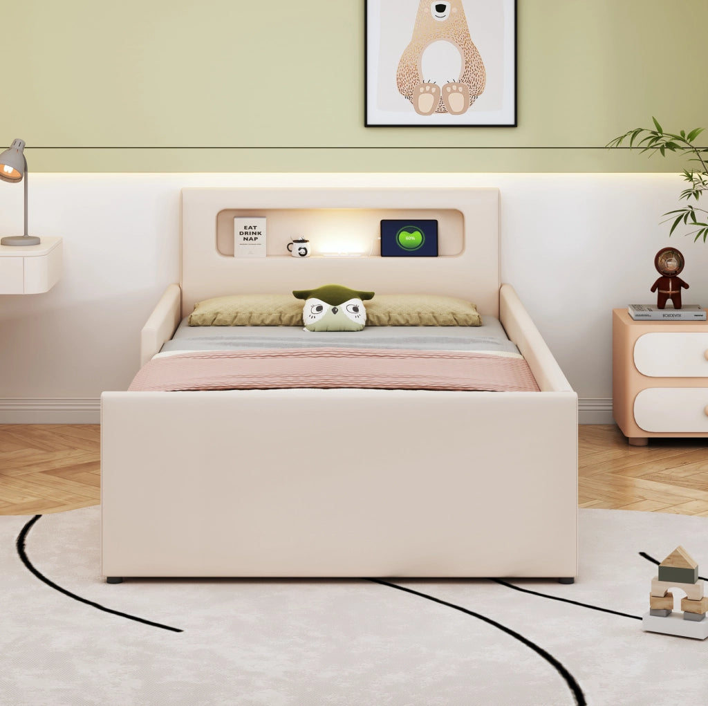 Letto imbottito per bambini 90x200 cm con LED; USB e cassetti; beige