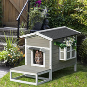 Casa per gatti in legno di abete con terrazza e balcone, grigio, 115 x 66,5 x 74,7 cm