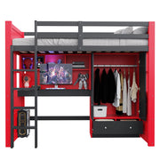 Letto a soppalco 90x200 cm con armadio e cassetti; scrivania; LED e prese; nero e rosso