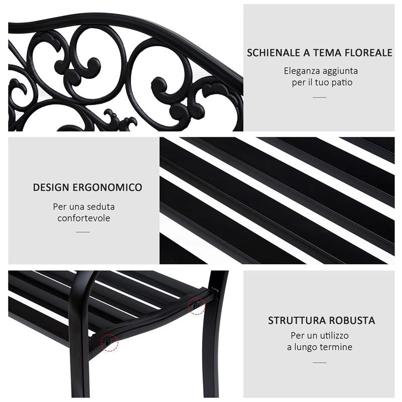 PANCHINA DA GIARDINO 2 POSTI CON SCHIENALE DECORATO IN GHISA E METALLO 127X60X89 CM NERO
