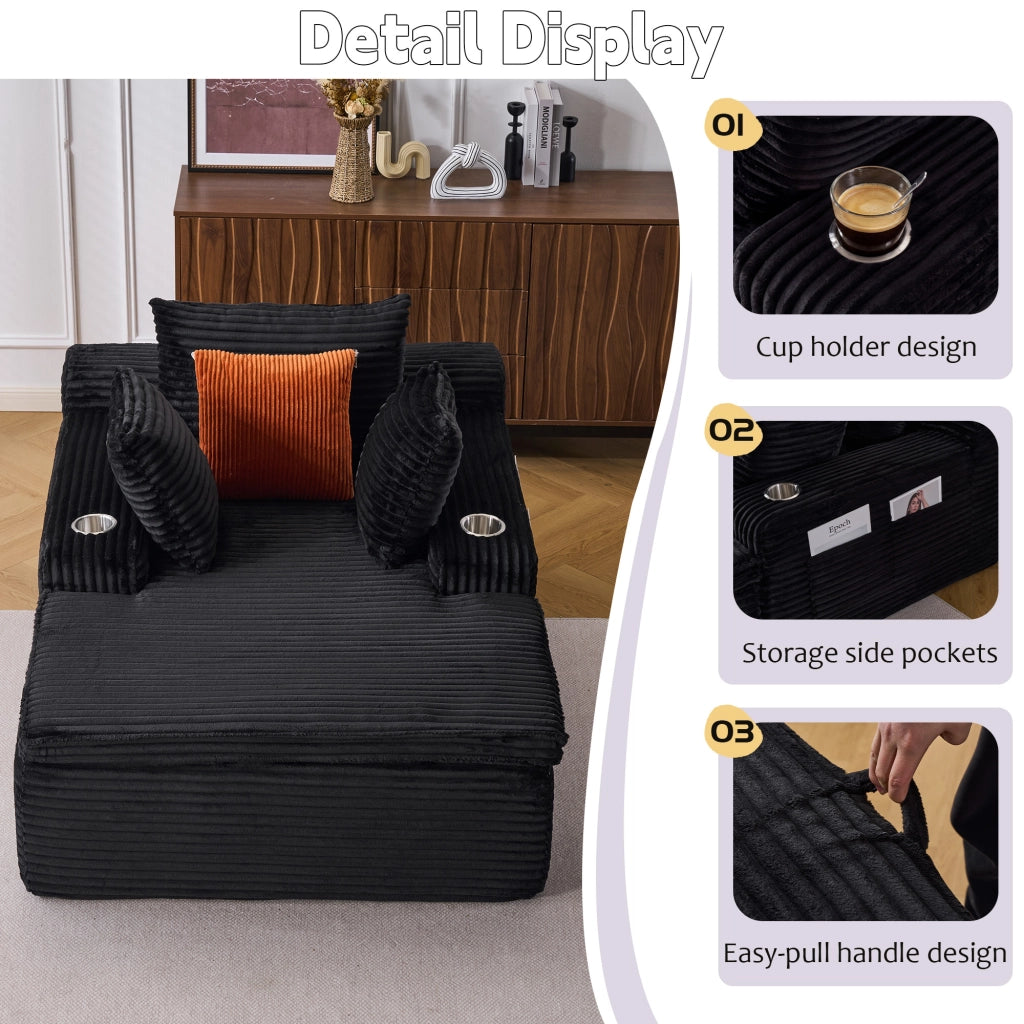 Divano chaise longue senza assemblaggio con cuscini e portabicchieri per salotto in velluto a coste nero 2 pezzi