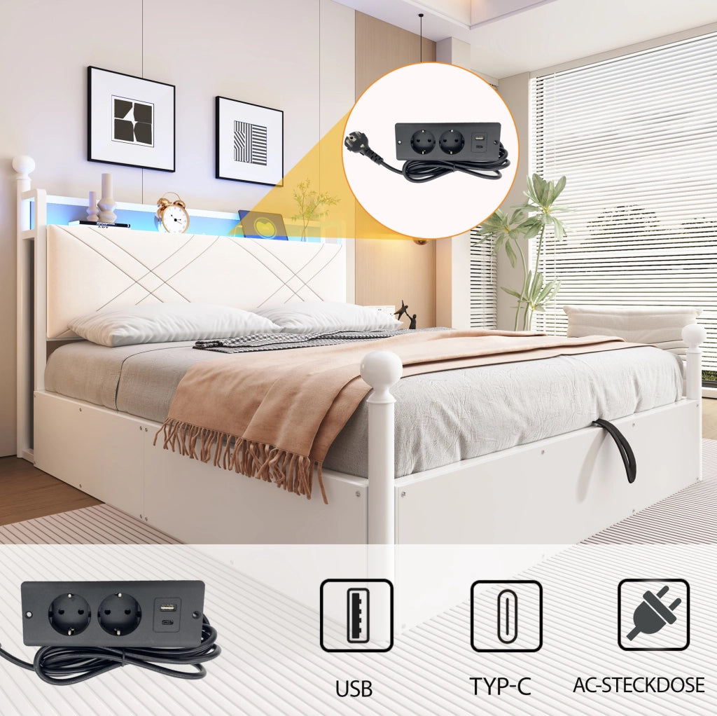 Letto matrimoniale multifunzione 140x190 cm in metallo bianco con baldacchino removibile; contenitore; LED e USB