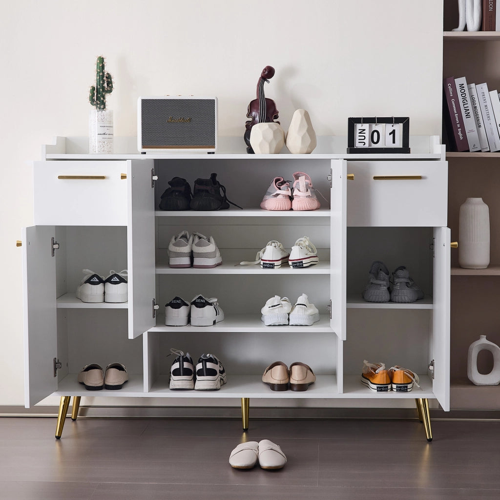 Armadio per scarpe con 2 cassetti e 4 ante - Zephmum - B130xL37xH100 cm - Bianco - Piedini in metallo