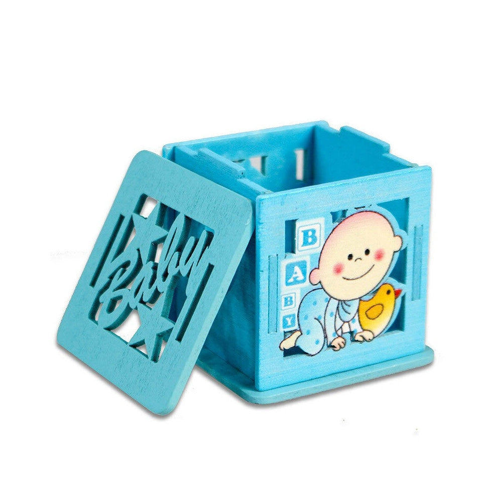 Trade Shop - 12 Scatolina Portaconfetti In Legno Bomboniera Nascita Battesimo Azzurro Maschio -