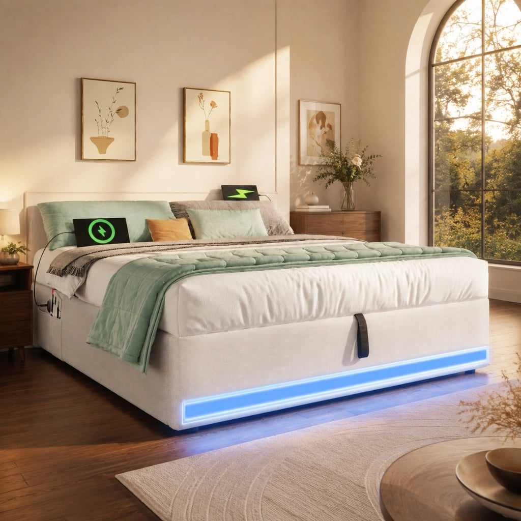 Letto imbottito 140x200 cm senza testiera con LED; USB e Type-C; contenitore idraulico; beige