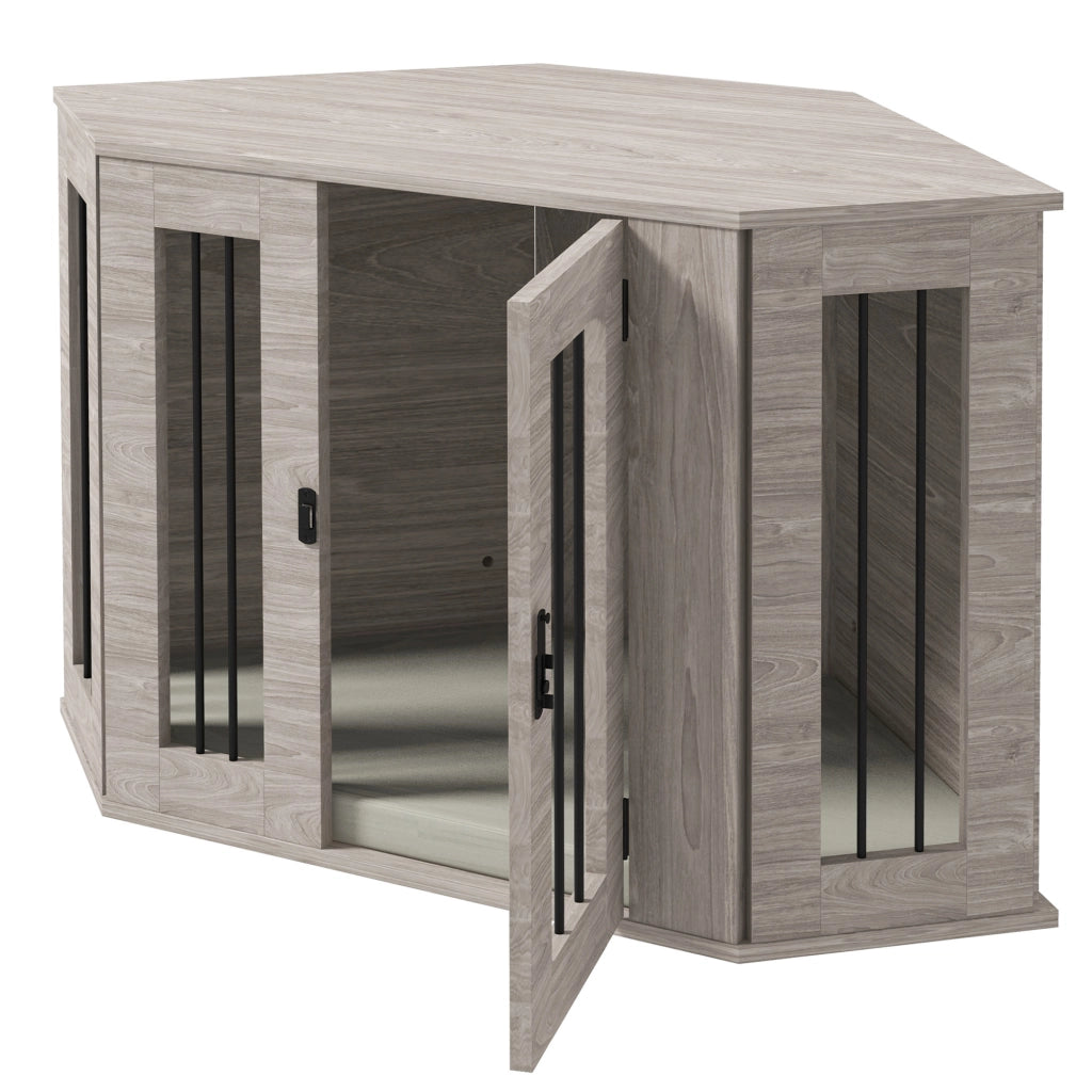 Gabbia per cani con cuscino e chiavistello tre lati con sbarre in acciaio in compensato color noce 104 × 55 × 63 cm