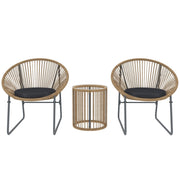 Set da Giardino 3 Pezzi con 2 Sedie con Cuscini e Tavolino a Cilindro con Piano in Vetro in Rattan PE Legno e Nero