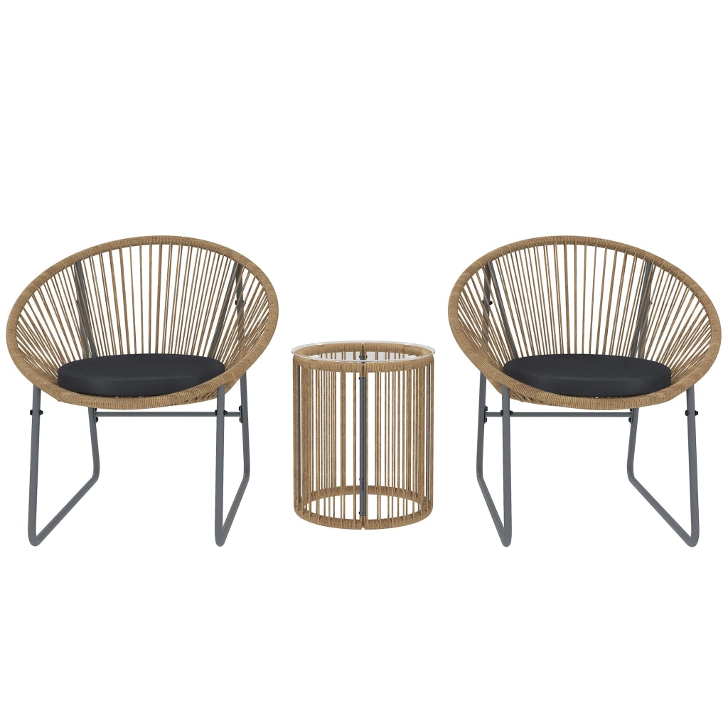Set da Giardino 3 Pezzi con 2 Sedie con Cuscini e Tavolino a Cilindro con Piano in Vetro in Rattan PE Legno e Nero