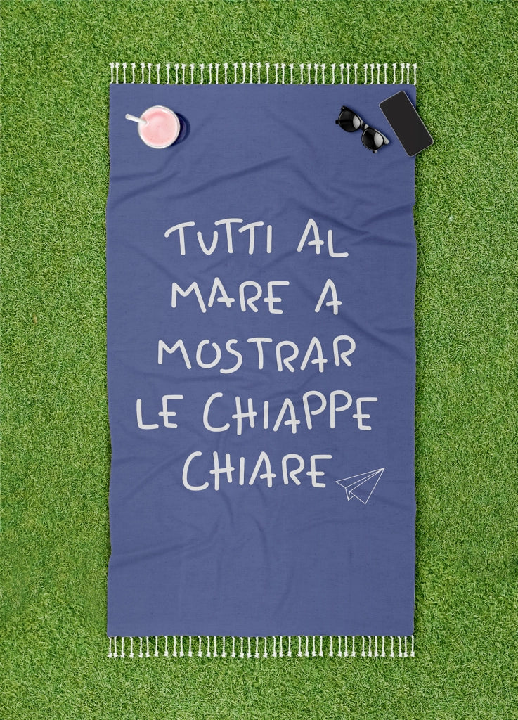 Telo Mare Con Frange Asciugamano Da Spiaggia Misura Grande 90x180 Cm Con Pochette Astuccio Assorbente In Morbido Cotone Leggero Stampa Tutti Al Mare AntiSabbia Lettino Vacanze Piscina Blu