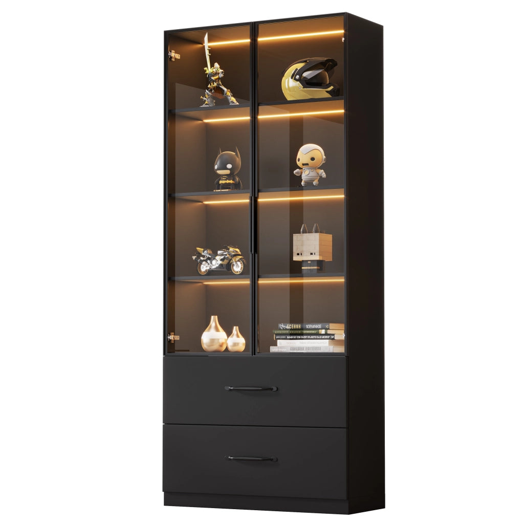 Vetrina LED in vetro 60x40x160 cm nera con 2 ante in vetro temperato, 2 cassetti e 7 colori LED