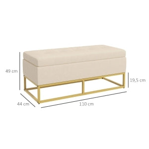 Banca contenitore con seduta capitonné in poliestere effetto flanella e gambe in acciaio oro beige 110 × 44 × 49 cm