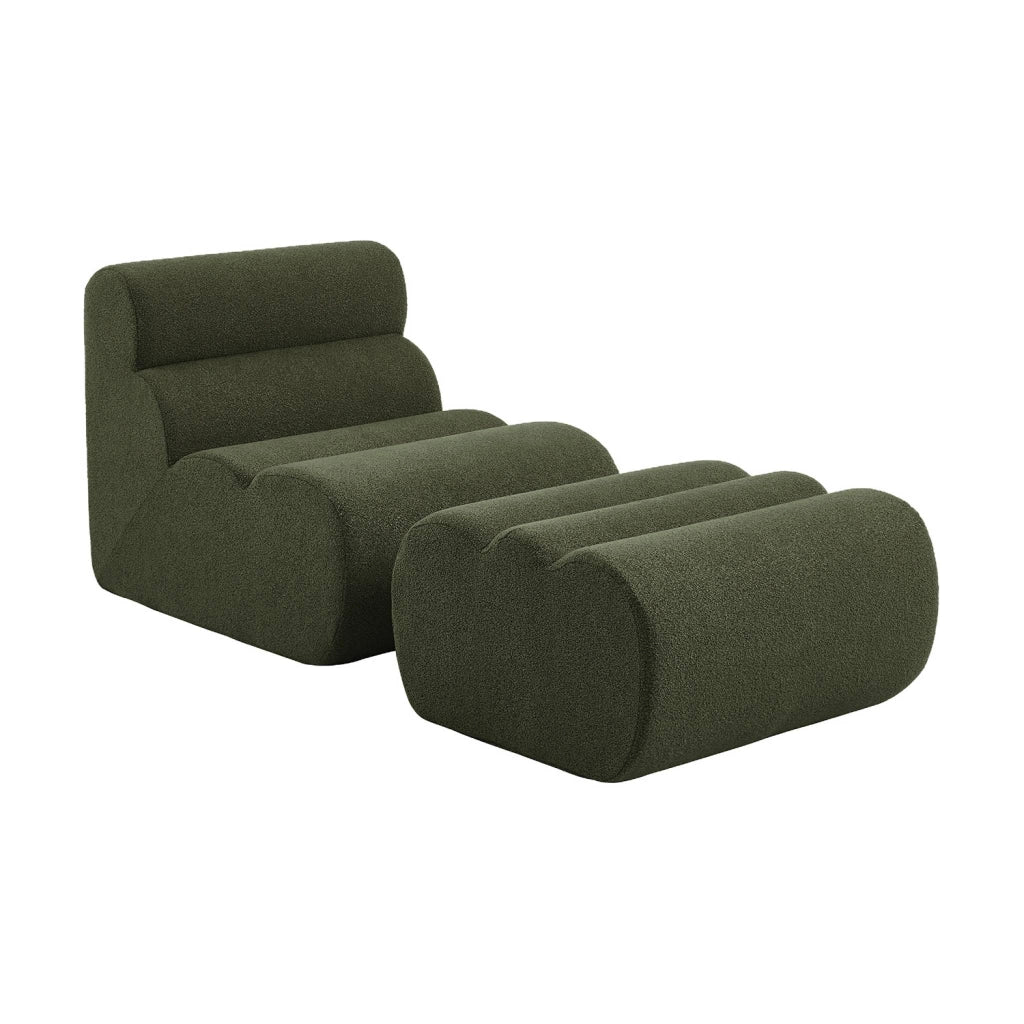 Poltrona bouclé testurizzata con poggiapiedi, verde kaki