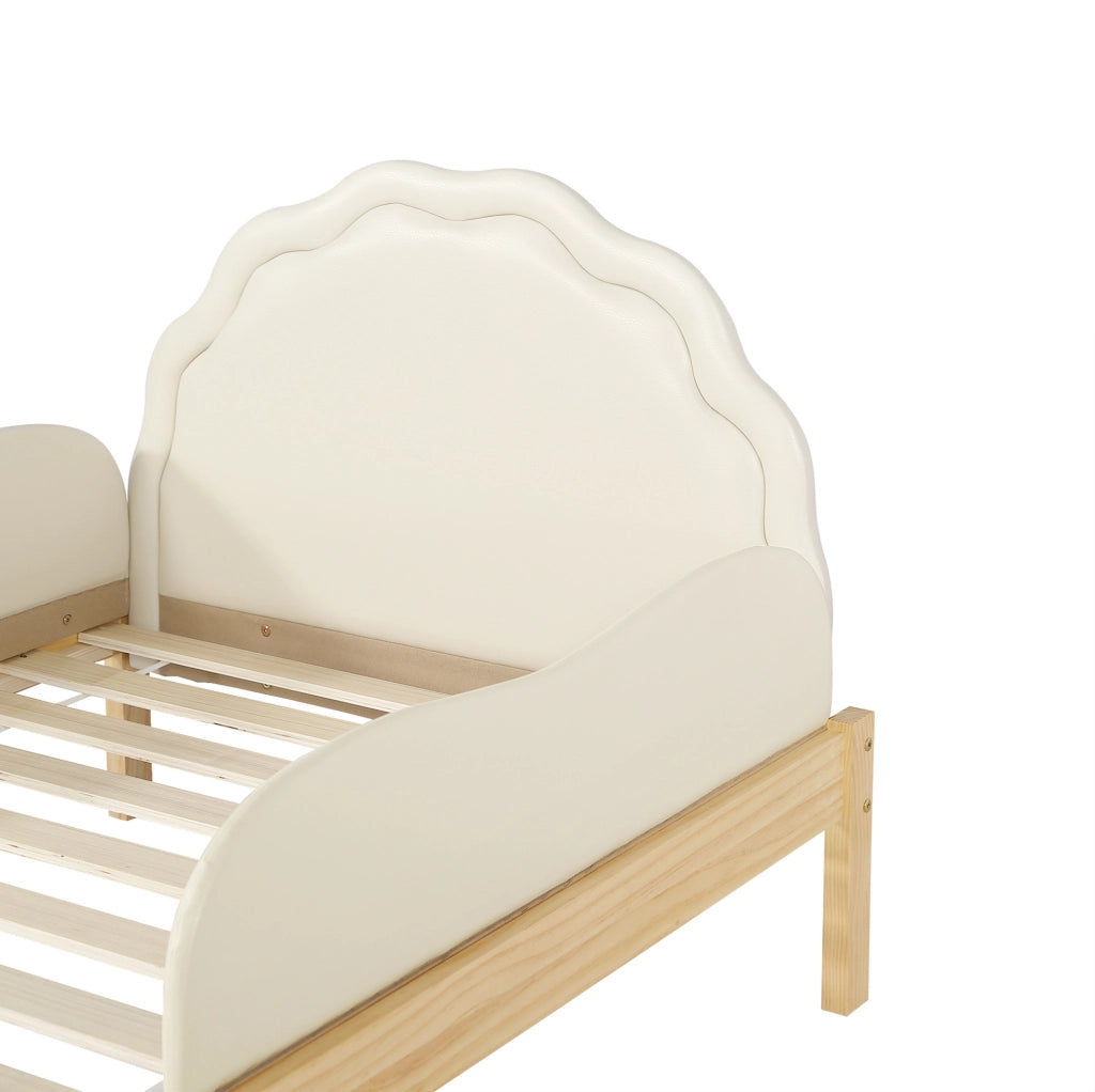 Letto imbottito 90x200 cm con testiera in PU e spondine laterali; legno beige naturale
