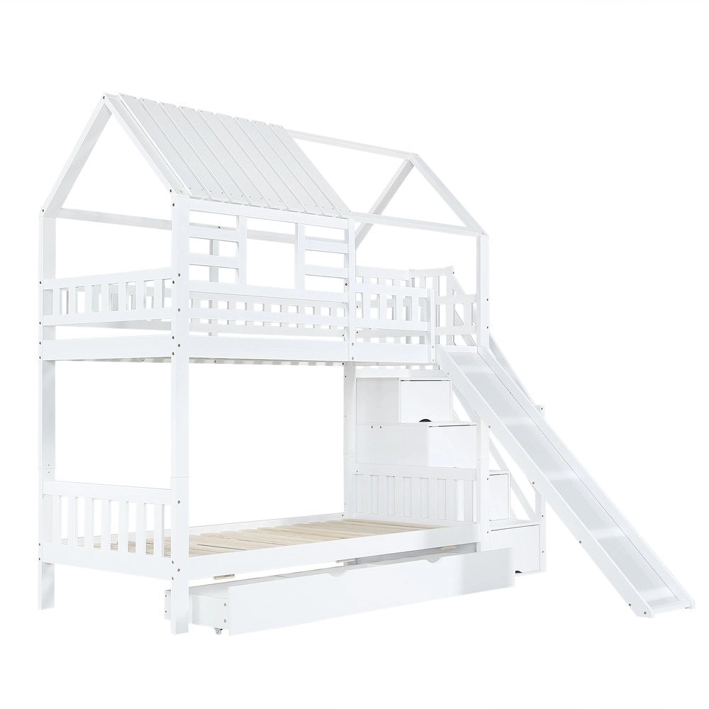 Letto a Castello con Scivolo e Scala con Vano ¨C MINIMAL ¨C Pino/MDF, Bianco, 90x200