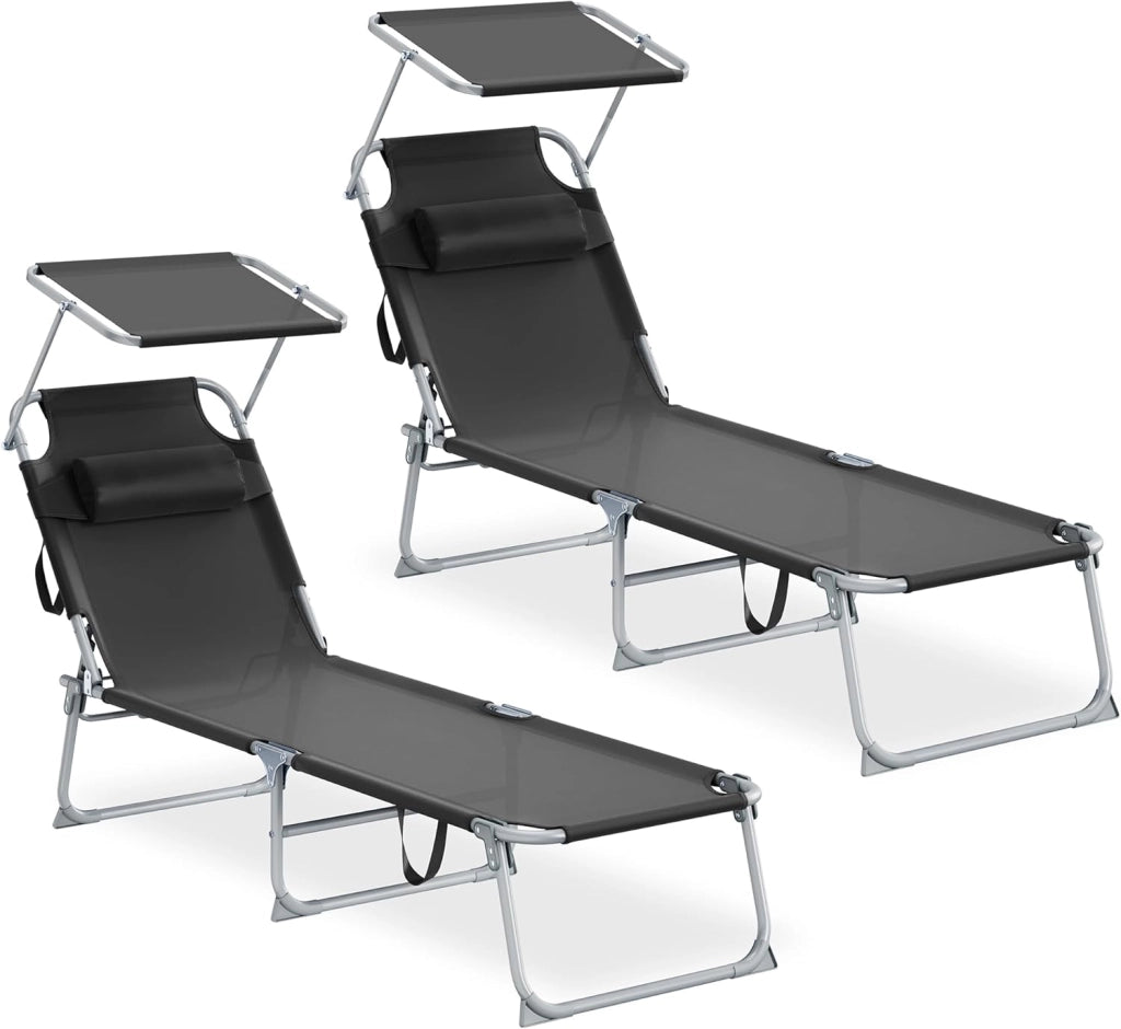 SONGMICS Set da 2 Sedie a Sdraio Pieghevoli, 189 x 53 x 28,5 cm, con Cusicni, Lettini Prendisole, Portata 110 kg Ciascuno, Parasole e Schienale Regolabili, per Terrazza e Balcone, Grigio GCB292GZ02