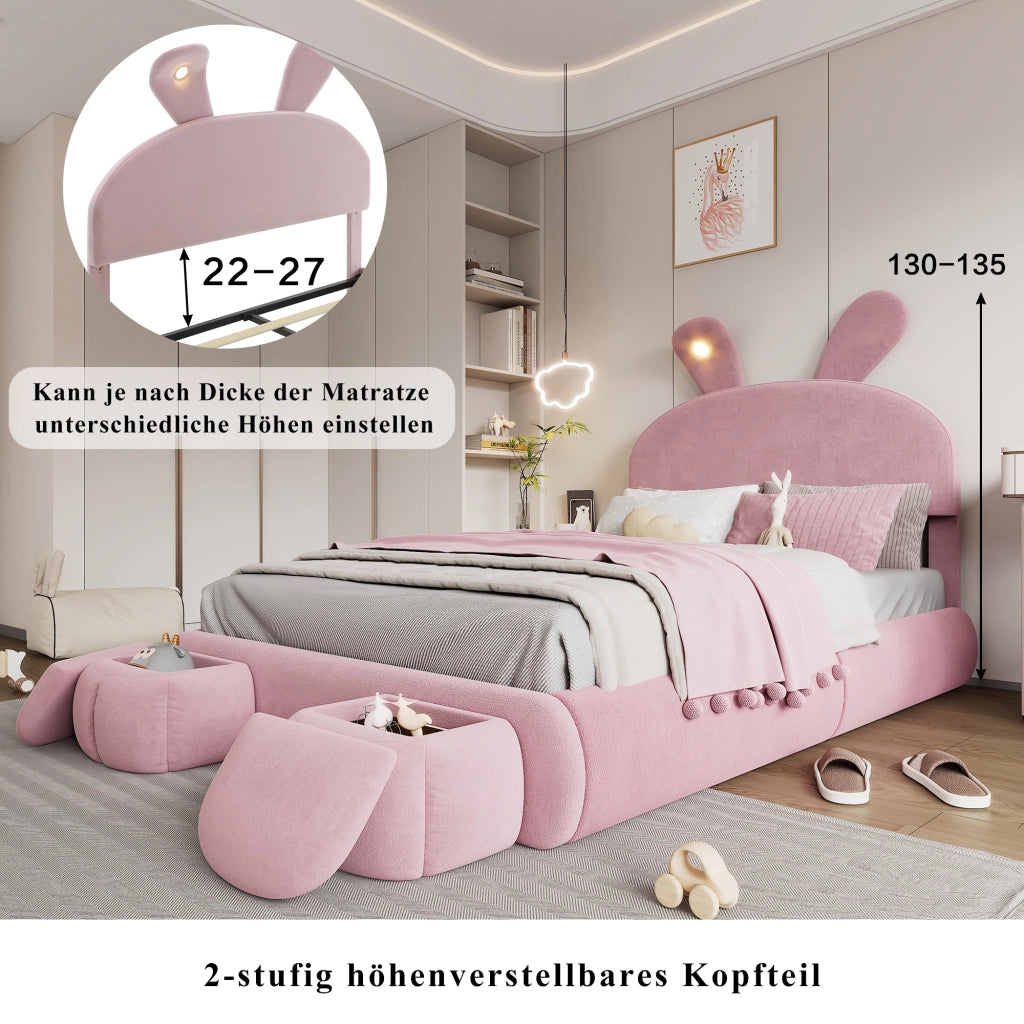 Letto Contenitore 140 x 200 cm; Letto Matrimoniale - LED Regolabile e 2 Pouf - Rosa